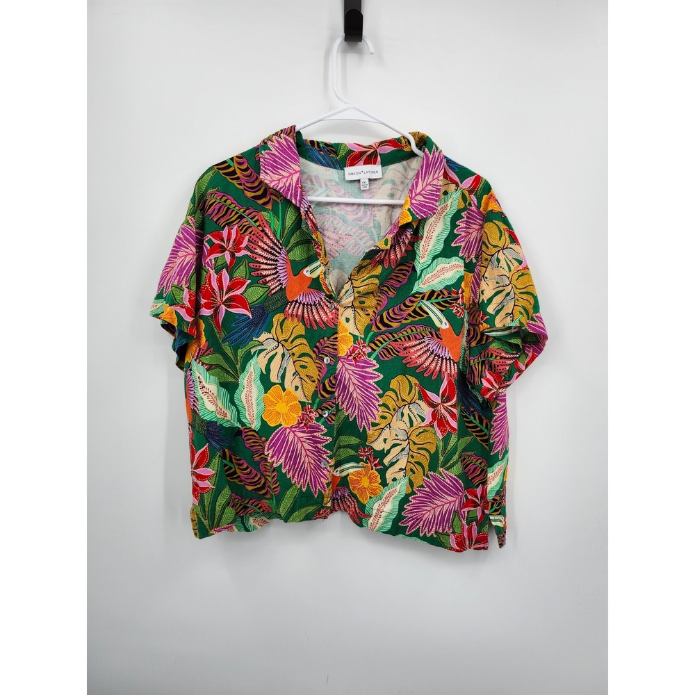 Gibson Latimer Button Down Women XXL Green Tropical Toucan Linen Blend Shirt